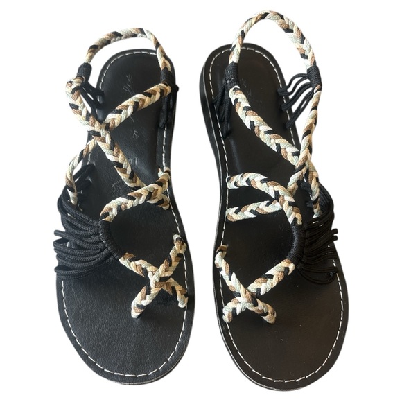 Black and Tan Sandals with Gold Chain Straps - Picture 1 of 6